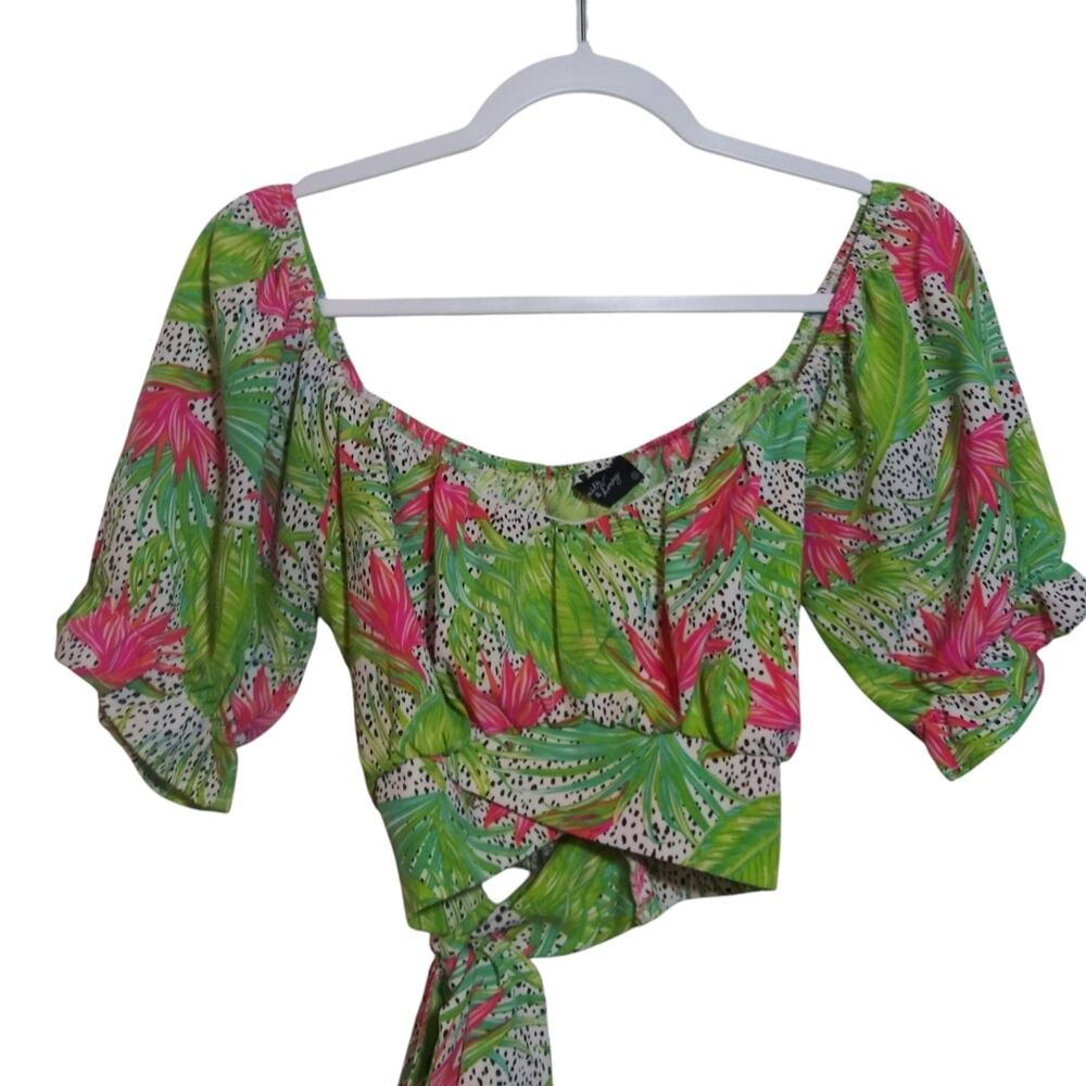 Milk & Honey Tropical Green and Pink Waist Wrap Crop Top Vacation Beach Size S